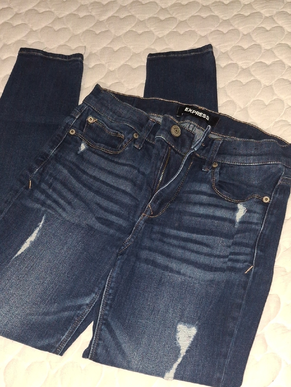 Express Women's Dark Indigo Distressed Skinny Jeans